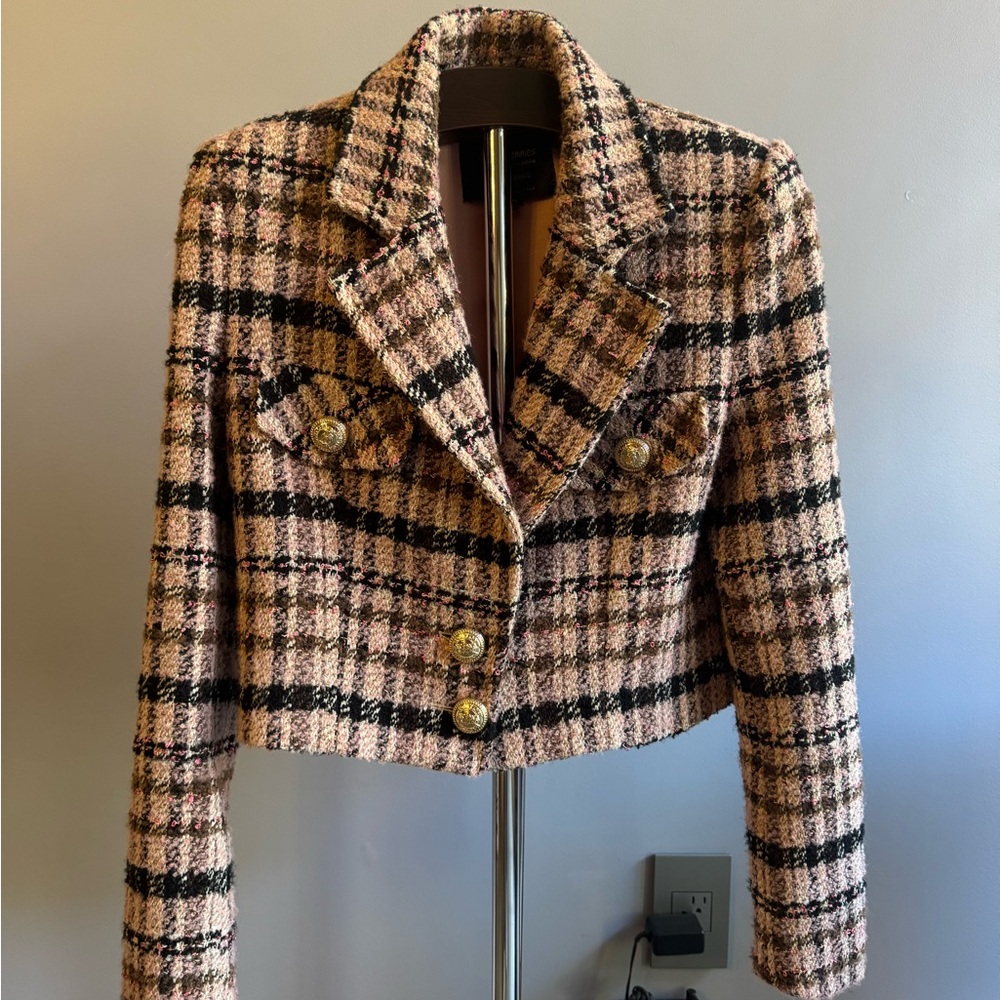W Les Femmes by Babylon Women's Pink Plaid Cropped Tweed Blazer Jacket